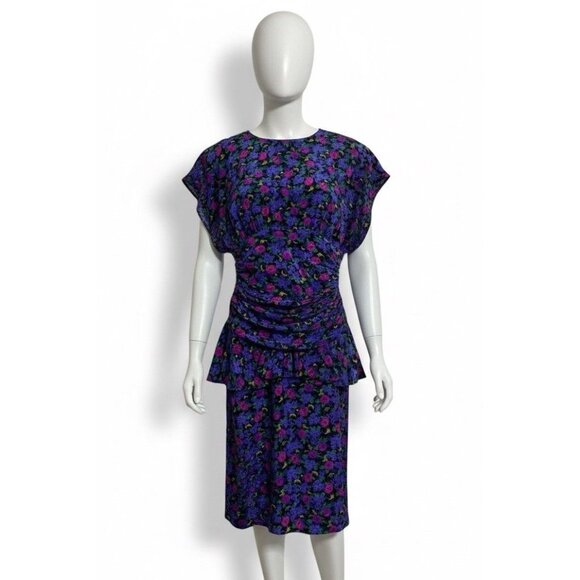 Vintage 80s Floral Peplum Dress Shirred Waist Button Back Sz 5/6 Retro 1980s‎ - Picture 2 of 8